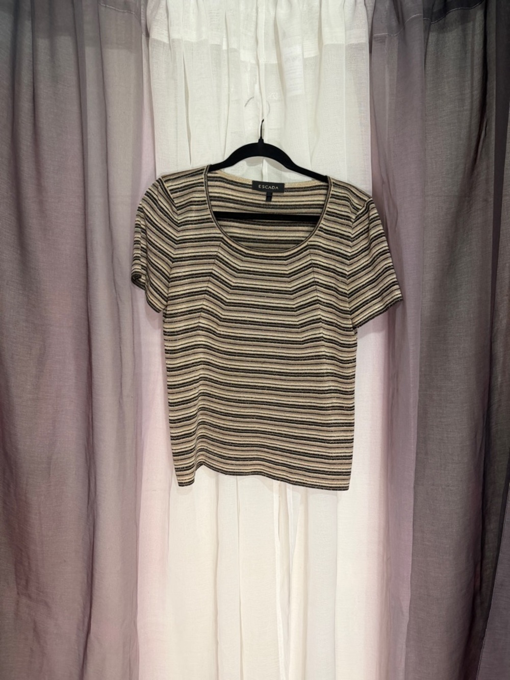 Vintage Escada Striped Short-Sleeve Knit Top in Metallic Beige and Black